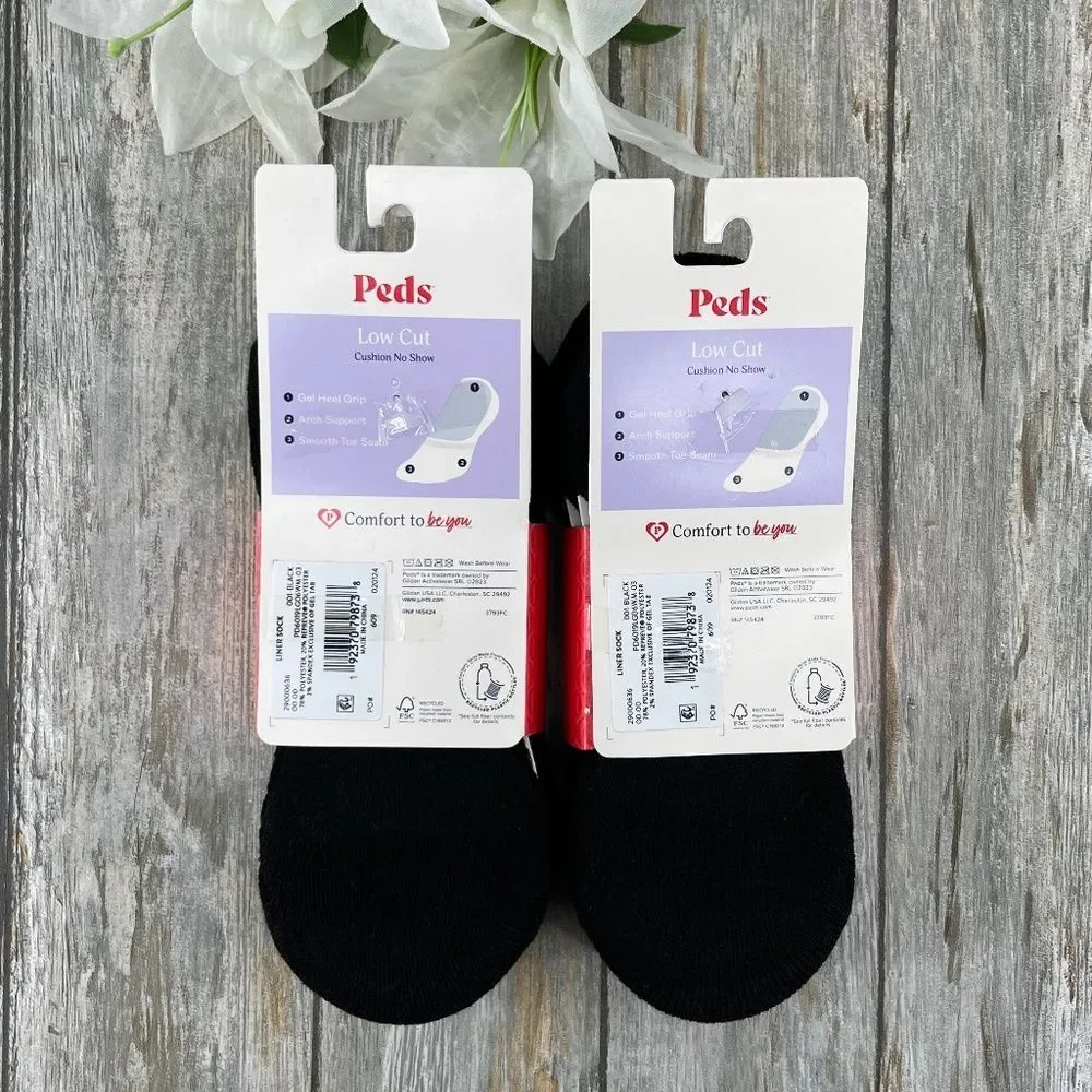 PEDS Low Cut Cushion Liner Socks Black 2, 6-Packs Size 8-12
